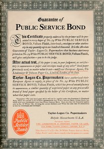 Garantie de service public - Publicité de Taylor-Logan Co. Papermakers, 1919