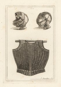 Casque trouvé à Bosworth Field, et cuirasse flexible en lamelles de métal sur cuir, dit appartenir à Henri VIII