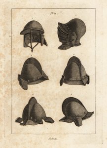 Casque avec mentonnière ouvrante vers le bas à la Tour de Londres 1, casque à double barre 2, et salet avec oreillettes 3-6 - Unbekannt