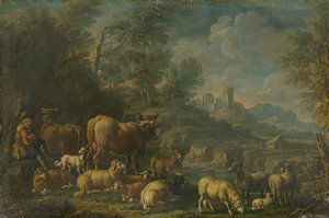 Berger avec son troupeau dans un paysage romantique