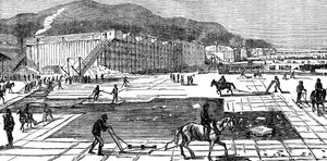 Collecte de glace sur la rivière Hudson près de New York, USA, 1875 - Unbekannt