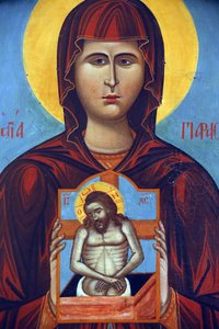 Icône au musée byzantin de Pedoulas : Sainte Paraskevi tenant une icône de crucifixion (1789), 20150510, Pedoulas, Chypre