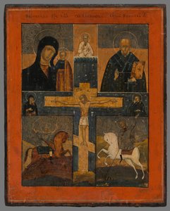 Icône - Crucifixion avec la Mère de Dieu de Kazan, Saint Nicolas, Saint Georges et Dimitri