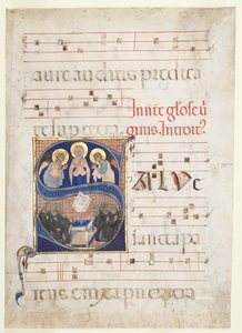 Initiale S[alve sancta parens] avec la Vierge adorée par des anges et des moines bénédictins chantant