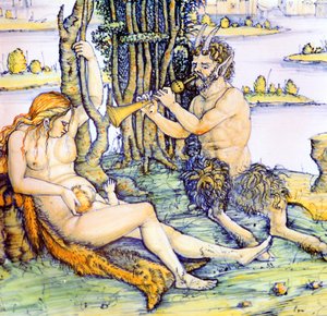 Assiette en terre cuite italienne montrant la famille du satyre d