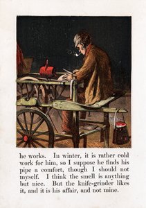 Aiguiseur de couteaux itinérant affûtant une lame en tournant une meule avec une pédale, c1867 - Unbekannt