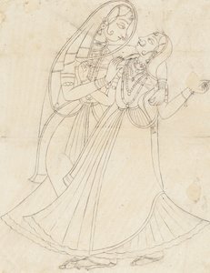 Krishna déguisé en femme embrassant Radha, XIXe siècle - Unbekannt