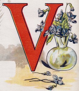 Lettre V : vase avec des violettes. Gravure dans "ABC L