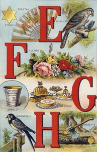 Lettres E F G H; Hirondelle; Éventail; Fleurs; Gâteaux; Tasse; Hachette; Hirondelle. Gravure dans "Alphabet de ma petite fille". Bernardin-Bechet et Fils, libraires-éditeurs, Paris, vers 1895. Album incassable sur toile. Bibliothèque des Bébés. 12 pages. A - Unbekannt