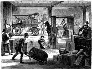 Chargement de fourgons tirés par des chevaux au bureau général de Wells Fargo, New York, USA, 1875 - Unbekannt