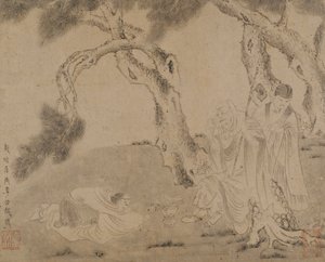 Luohan, assistant et adorateur sous des pins, dynastie Yuan ou Ming, 1279-1644 - Unbekannt