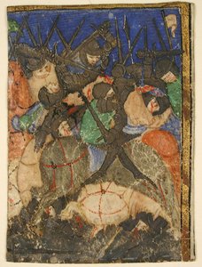 Découpe de manuscrit montrant une scène des Écritures hébraïques, peut-être la vie du roi David, vers 1400 - Unbekannt