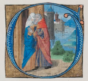 Enluminure de manuscrit avec Joachim et Anne dans une initiale G