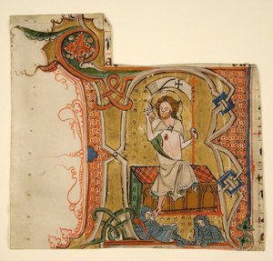 Feuille de manuscrit montrant une initiale R illuminée avec La Résurrection, fin XIIIe siècle