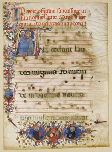 Feuille de manuscrit avec la Visitation dans une initiale A et le cardinal Adam Easton..., italien, ca. 1400 - Unbekannt