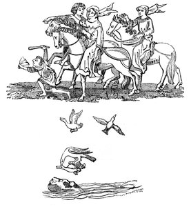 Hommes et femmes en train de chasser, 14e siècle, 1833