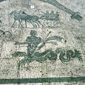 Mosaïque, Chariots tirés par des mules avec des voyageurs, Cisarii. Ier siècle après J.-C.
