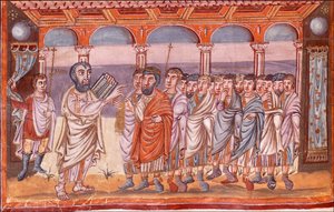 Moïse recevant les tables de la loi, miniature de la Bible de Moutier-Grandval, vers 830-840 - Unbekannt