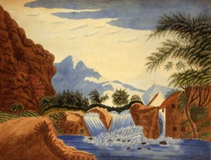 Paysage de montagne et roue à eau