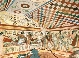 Peinture murale dans la Tombe des Léopards à Tarquinia, Italie, 1928