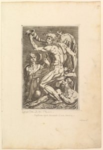 Neptune assis soufflant dans une conque