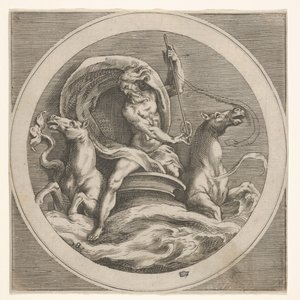 Neptune sortant de la mer et portant un bâton, accompagné de deux chevaux à tête de..., vers 1550-1600 - Unbekannt
