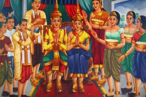 Peinture représentant le roi et la reine et les serviteurs Udong Cambodge
