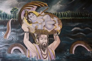 Peinture à Gokul : Krishna bébé porté sur la rivière Yamuna par Vasudeva. Inde - Unbekannt