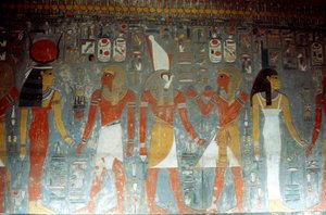 Pharaon Horemheb avec la déesse Isis et le dieu Horus, Égypte ancienne, 14ème siècle av. J.-C.