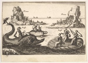 Planche 15 : Rivières et déesses, avec îles flottantes guidées par des porteurs de perches, figure féminine..., 1664 - Unbekannt