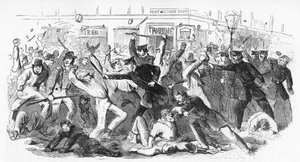 Charge de la police contre les émeutiers au bureau du Tribune, vers 1860s - Unbekannt