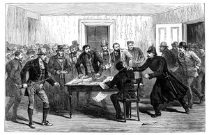 Raid de la police sur les bureaux nationaux des loyers à Loughrea, Irlande, 1887