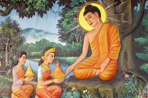 Monastère Preah Prom RathVie du BouddhaLa RenonciationUn matin, une fille nommée Sujata offrit à Siddhartha un délicieux porridge de lait et de riz, Siem Reap, Cambodge