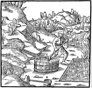 Production de sel par évaporation de saumure naturelle en la versant dans une fosse de charbon ardent, 1556 - Unbekannt