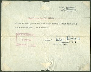 Reçu pour une épée ex-japonaise, HMS Venerable, Singapour, 1946 - Unbekannt