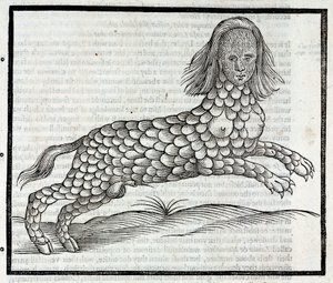 Représentation de la créature Lamia (Sybaris), Gravure tirée de "History of Four-Footed Beastes" d