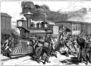Émeute des cheminots à Martinsburg sur le chemin de fer Baltimore-Ohio, USA, 1877