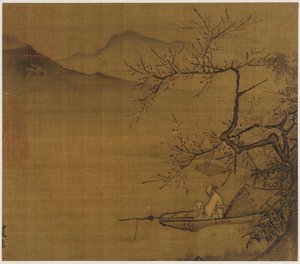 Paysage fluvial : un homme lisant dans un bateau amarré sous un arbre en fleurs, dynastie Ming, 1368-1644