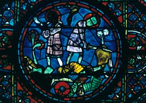 Roland brise son épée et sonne son cor, vitrail, cathédrale de Chartres, France
