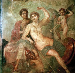 Peinture murale romaine de Cupidon, Vénus et Mars, Pompéi, Italie