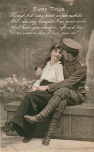 Carte postale romantique avec un soldat et sa bien-aimée, vers 1914-18