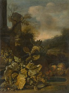 Paysage romantique avec nature morte et colonne antique - Unbekannt