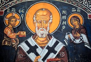 Saint Nicolas entourant le Christ et Marie, fresque byzantine du 14e siècle (1332), mur sud du narthex, église Phorbiotissa, Asinou, Chypre - Unbekannt