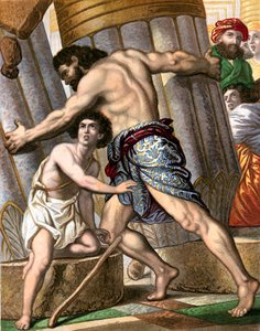 Samson renversant le Temple de Dagon, dieu des Philistins, milieu 19ème siècle