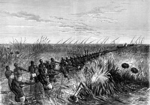Le bateau de Samuel Baker tiré à travers les herbes de la rivière, 1864 - Unbekannt