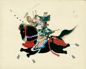 Guerrier samouraï à cheval. Une peinture japonaise sur soie, dans un style japonais traditionnel - Unbekannt