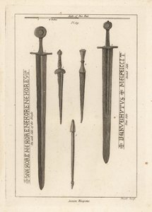 Armes saxonnes : ancienne épée en fer 1,2, et poignards et dagues 3,4 trouvés dans la rivière Wytham, Lincolnshire, et un carreau d