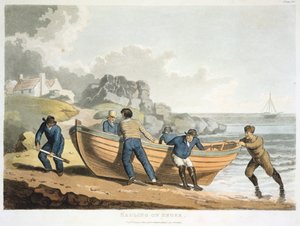 Marins tirant un canot clinker-built sur le rivage - Unbekannt