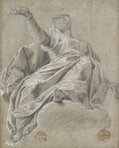 Figure féminine assise sur un nuage, regardant vers le haut