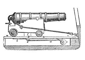 Canon de navire sur affût. Gravure sur bois, 1835